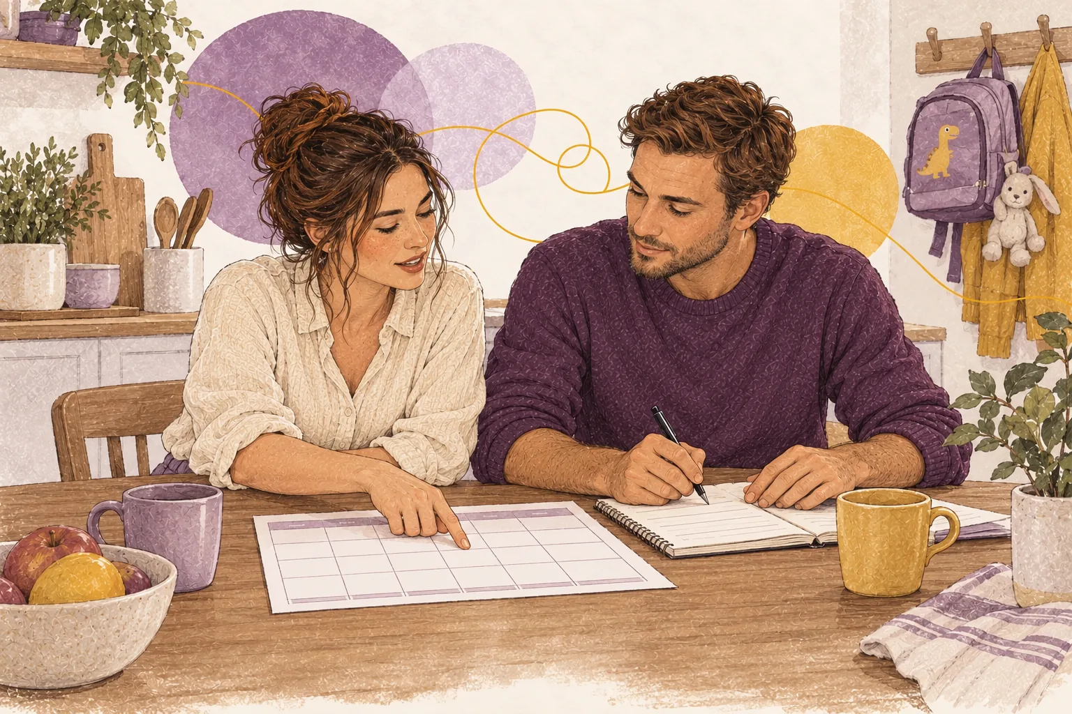 Un couple organise ensemble les responsabilités du foyer autour d’un agenda.