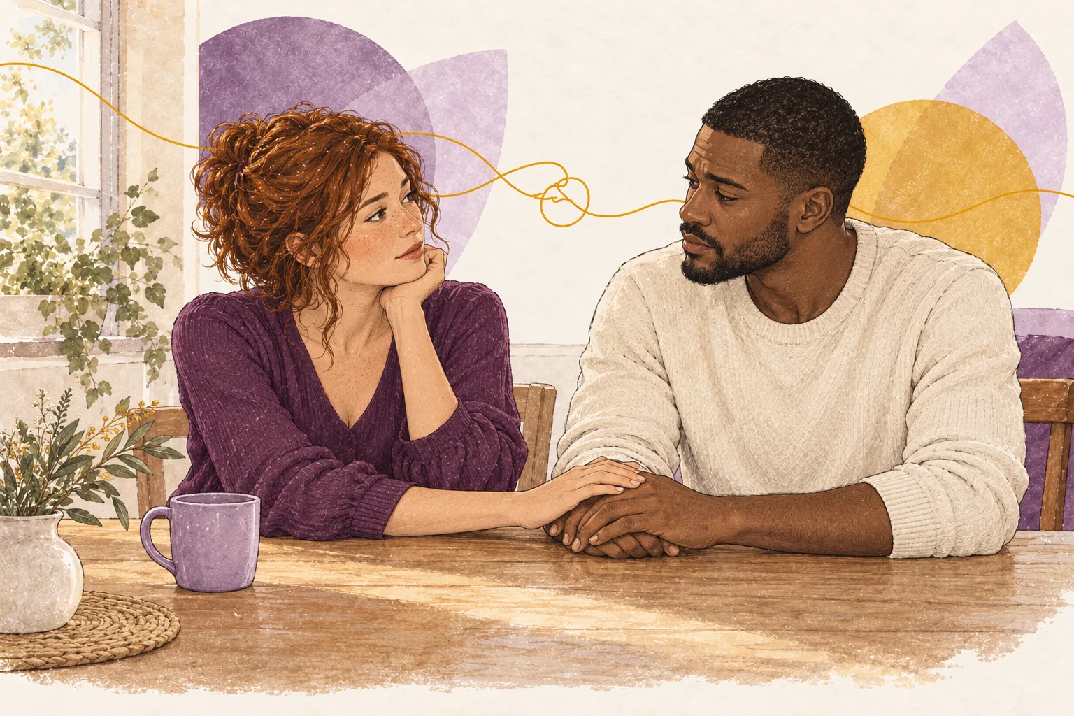 Un couple retrouve progressivement le contact et le dialogue autour d’une table.