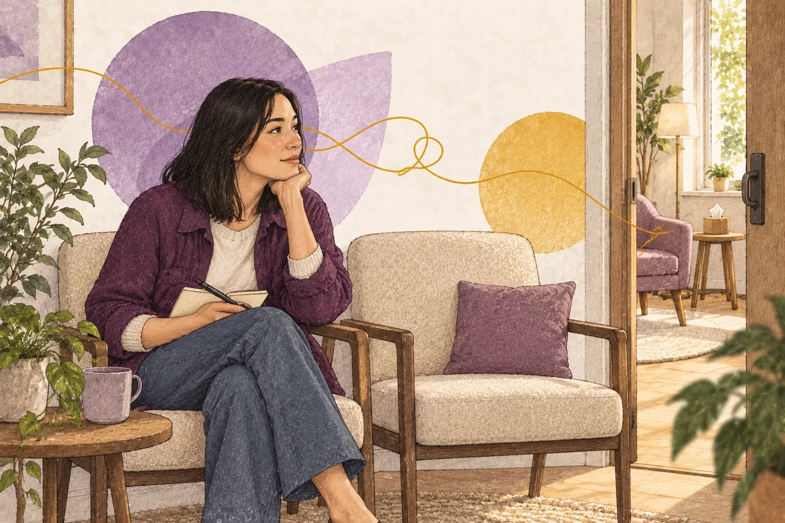 Une jeune femme attend seule son rendez-vous dans un espace de consultation.