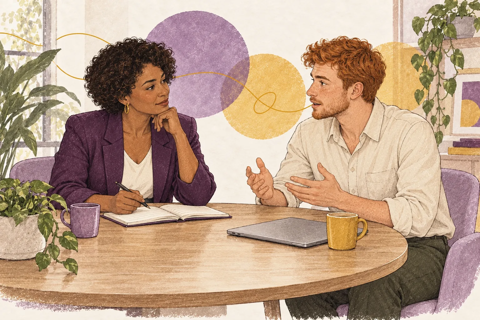 Une manager écoute un collaborateur lors d’un entretien individuel.